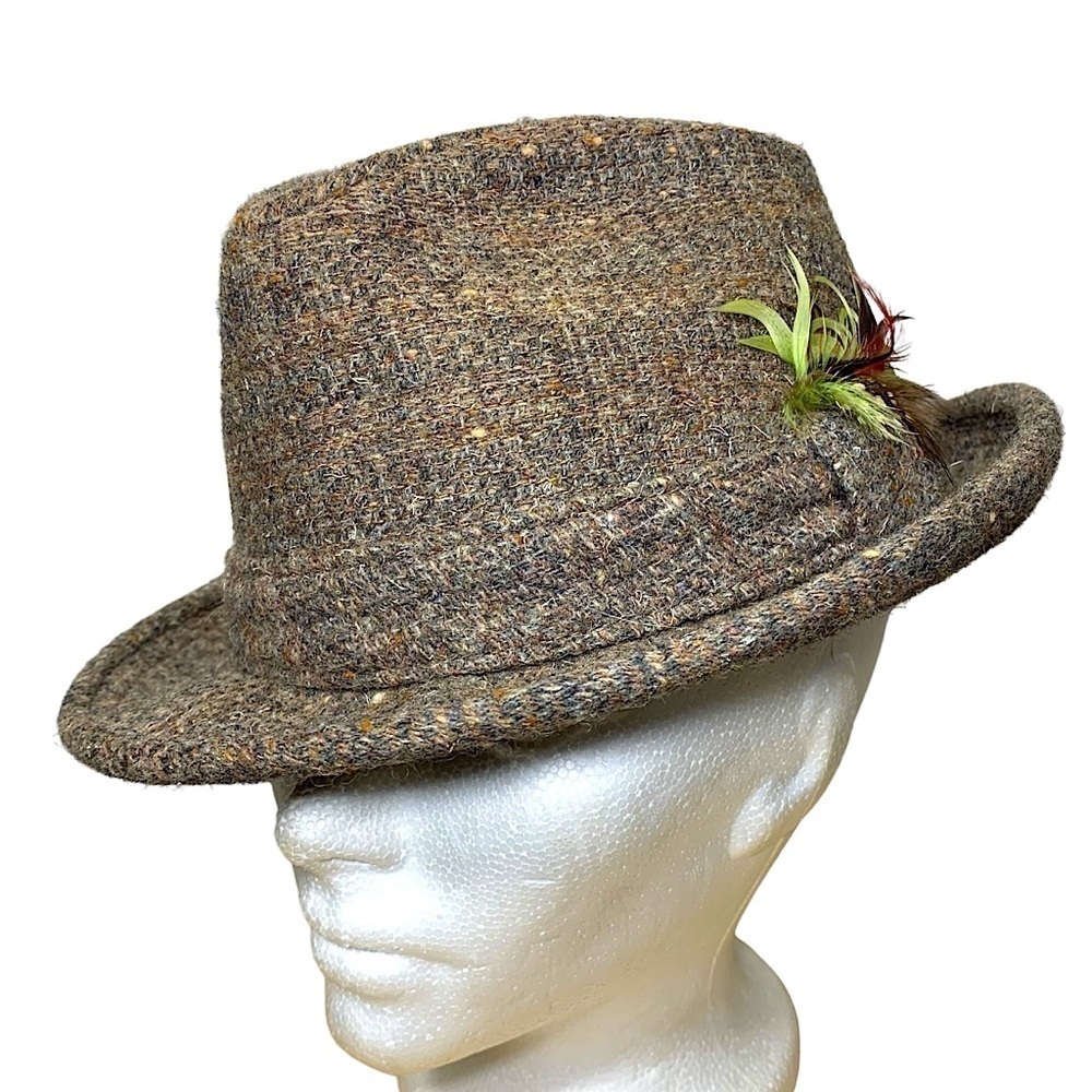 Vintage 70's Fedora Hat Tweed Wool  Brown Gray Feathers Union Tag USA Sz 6 7/8